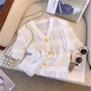 Damesblouses Zomer Dames Preppy Stijl V-hals Geplooide Witte Shirts 2023 Blusas Mujer De Moda Tuniek Single Breasted Zoete Blouse Tops