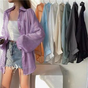 Blouses Femmes Été Femmes Minces Chemises En Mousseline De Soie Lâche Veste À Manches Longues Chemise De Protection Solaire Solide Coréen En Plein Air Plage Vacances Dames