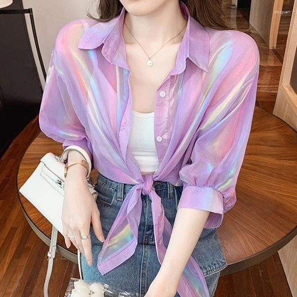 Blusas de mujer Verano Mujer Camisas finas y brillantes con destellos Camisa holgada de gasa de manga larga con protección solar Camisa sólida coreana para vacaciones en la playa para mujer