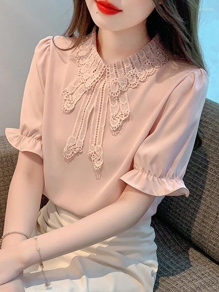 Blouses pour femmes Été Haut Pour Femme À Manches Courtes En Dentelle Col De Poupée Chemisier Blusas Mujer De Moda 2024 Verano Chemise En Mousseline De Soie Blanche G536