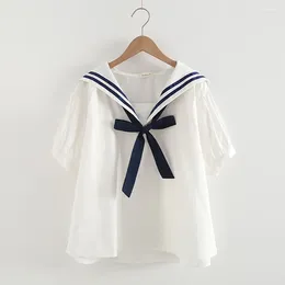 Blouses pour femmes Été Femmes Chemises blanches Col marin Bow Montre de sport Lâche Pull Femme Vêtements Collège Style