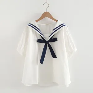 Blouses pour femmes Été Femmes Chemises blanches Col marin Bow Montre de sport Lâche Pull Femme Vêtements Collège Style