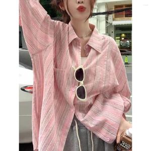 Blouses pour femmes Protection solaire Blouse à rayures rose Classize surdimension Collier Femme Femme à manches longues Chigne Blusas Flattering Tops