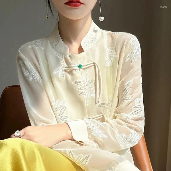 Blouses pour femmes chemises de protection solaire Femme Summer Chinois Tang Tang Vêtements Mesh Mabel Femme Jacquard Vintage Bouton vers le haut