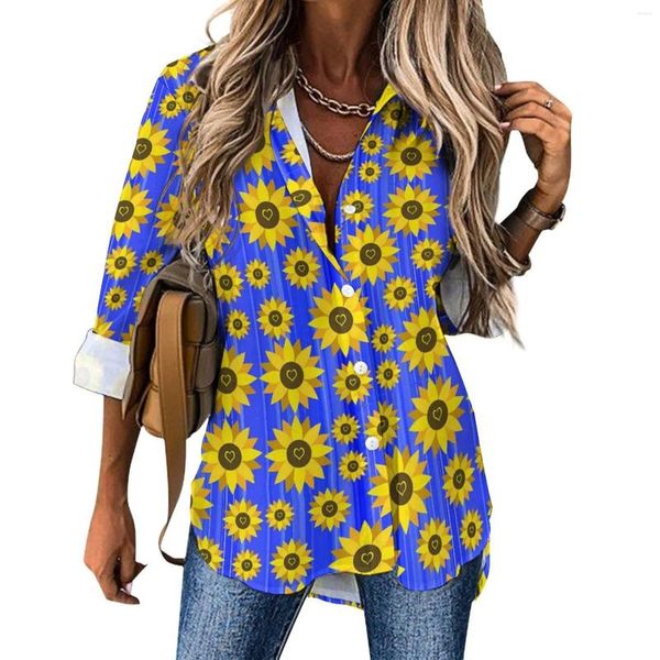 Blusas de mujer, blusa de amor de girasol, estampado de flores amarillas, moda urbana holgada de otoño, camisa de manga larga a la moda, Top con patrón