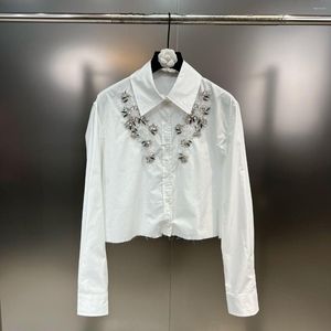 Dames blouses superaen 2023 lente revers revers lapel nagel kralen contrast kleur bloem zware industrie dames shirt