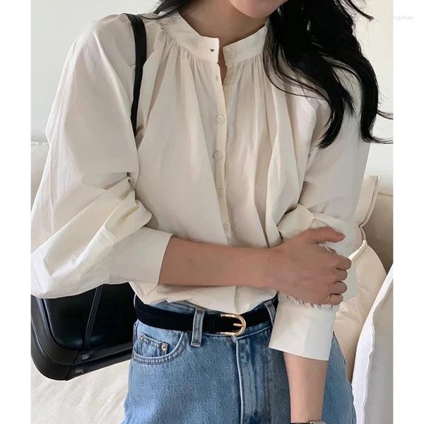 Blusas de mujer SuperAen 2024 coreano Chic Estilo de primavera cuello redondo botonadura única suelta Casual versátil mangas de burbuja camisa blanca