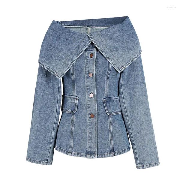 Blouses pour femmes Superaen 2024 Summer High Street Style Retro One épaule Denim Shirt Automn Design Lapel Fashion Jeans Shirts