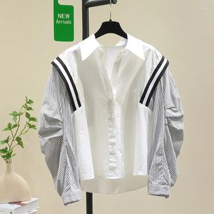 Blouses pour femmes Superaen Design patchwork rayures noires chemises blanches automne 2024 Sleeve de bulles décontractées lâches