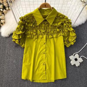Women's Blouses Superaen Koeran houten oor splitsen bubble mouw shirt vrouwen 2023 zomerjurk Koreaans ontwerp voor