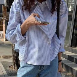 SuperAen – chemisiers pour femmes, Design coréen Chic d'été, col à revers, grandes poches, manches longues, chemises à rayures