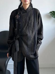 Blusas de mujer SuperAen primavera 2024 estilo chino camisa de tela plisada suelta Casual diseño Irregular con cordones