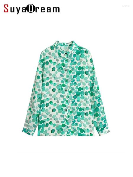 Blusas para mujeres Suyadream Camisas impresas Crepe de seda Gire Down Collar Verde 2024 Spring Summer Office Lady Top