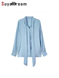 Blouses pour femmes Suyadream Shirts solides Solid 95% Silk 5% Spandex Bow Collar bleu clair 2024 Spring Summer Office Lady Top