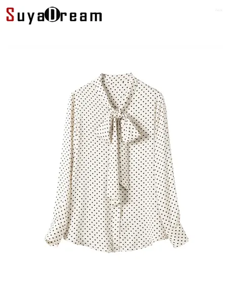 Blouses pour femmes suyadream Dots shirts 93% Mulberry Silk 7% Spandex Bow Collar imprimé Chic 2024 Spring Summer Office Lady Top