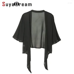 Vrouwen Blouses SuyaDream Vrouwen Zijden Blouse REAL Solid Transparant Kort Shirt 2024 Lente Zomer Zonbescherming Doek