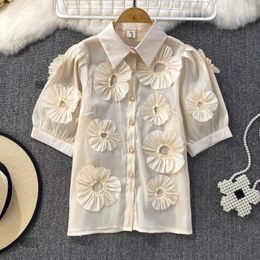 Blusas de mujer Camisas dulces de flores en 3D para mujer Cuello vuelto Solapa Manga corta abullonada Pliegues Blusa suelta Tops de otoño Gota
