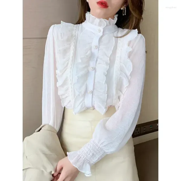 Blusas para mujeres dulces y elegantes collar de manga larga Mujeres Camasas blancas sueltas