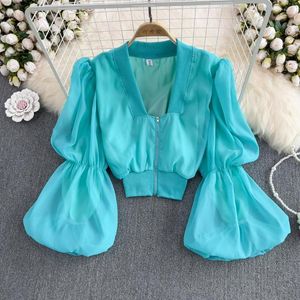 Blouses voor dames zoete en coole meid-stijl ontwerp sense niche lantern bubble mouw zonnebrandcrème met lange mouwen shirt western chic korte top samen