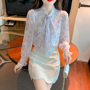 Blouses voor dames zoete boog bloemenkantoor dame toppen elegant puff lange mouw shirt mode witte chiffon blouse vrouwen lente vrouwelijke kleding