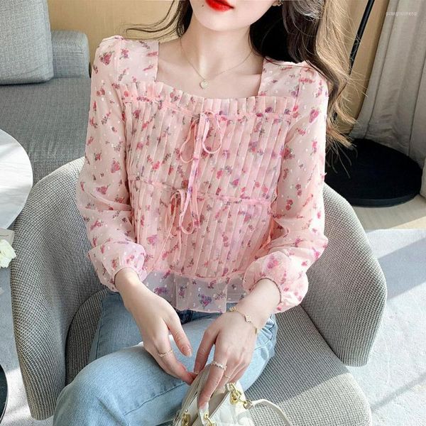 Blouses Femmes Chemisier en mousseline de soie douce femmes 2023 printemps rose chemise de fée florale Femme Style coréen élégant col carré automne plissé femme