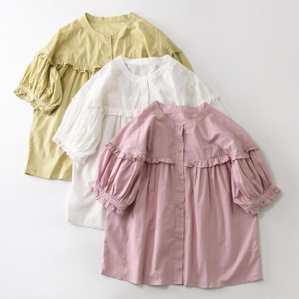 Blusas de mujer de algodón dulce manga corta con volantes cuello redondo camisa Mori chica japonesa Vintage Edwardian Kawaii lindo Lolita Casual Top