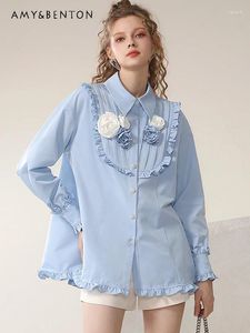 Blouses de femmes Sweet mignon fleur 3D Broidered Blouse Femmes Fonction de trajet Fashion Elegant Wood Oreau des revers lâches Pure Couleur All-Match