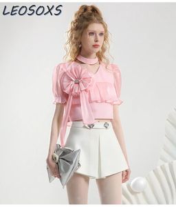Damesblouses zoete design sense roze shirt zomer driedimensionale bloem hangende kraag korte organza stiksel luxe tops