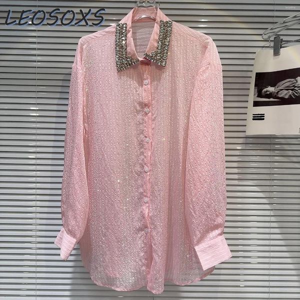 Blusas de mujer Blusa de niña dulce 2024 Nicho de verano Cuello con cuentas de diamantes de imitación Bordado pesado Perforación Color caramelo Camisa de protección solar Top