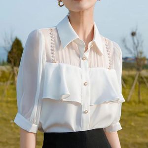 Blusas para mujeres Sweet Lapel Measze Ruffles Beading Shirts Ropa 2024 Summer Tops de viaje suelto Dama de la oficina