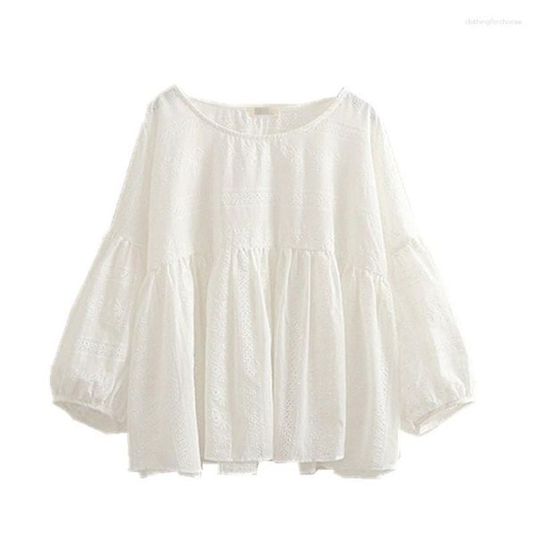 Blusas de mujer Sweet Mori Girl flores bordadas linterna manga muñeca camisa mujeres holgadas Tops algodón blanco gran tamaño blusa femenina túnica