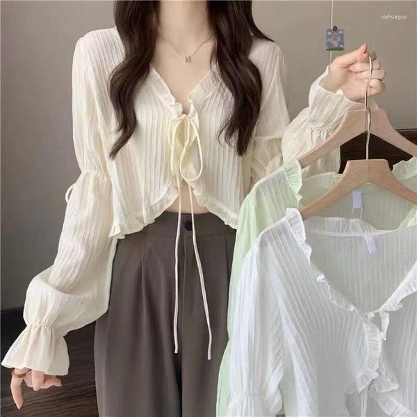 Blouses Femmes Doux À Volants À Lacets Cardigans Décontractés Femmes Été À Manches Longues Manteaux De Protection Solaire Femme Couleur Bonbon En Mousseline De Soie Recadrée Blouse Tee