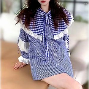 Blouses pour femmes Femmes douces Big Colar Dentelle Patchwork Longue Lanterne Manches Volants Femme Chemises Bleu Plaid Imprimer Tops Tunique NZ172