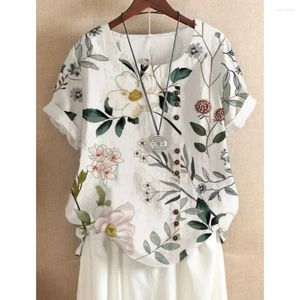 Blusas para mujeres Material sintético Botón Camisa de flores Summer Mujeres casuales de manga corta Copas blancas