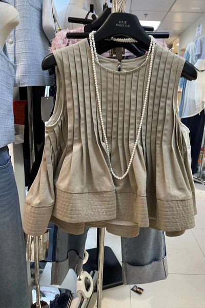 Blusas de Mujer, camisetas sin mangas, camisas plisadas con cuello redondo de muñeca blanca de verano, Blusas holgadas sin mangas para Mujer, camisa coreana Chic con dobladillo fruncido, Tops