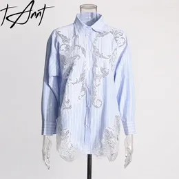 Blouses pour femmes Tanné Femmes Shirt Asymétrie dentelle Patchwork Hollow Out Stripes Long Sleeves Fashion Loose Tops 2024