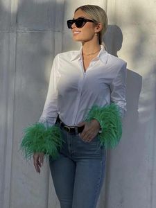 Dames blouses taruxy elegante veren blouse shirts vrouwen kin afslag kraag lange mouw witte dames button up shirt tops 2023