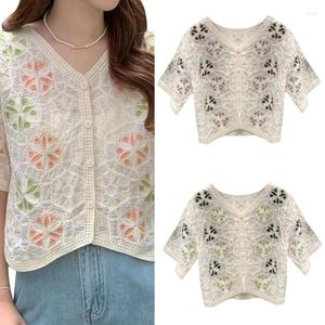 Dames blouses tieners korte mouw bijgesneden vest Cardigan Bohemia Hollow-Out Crochet Knit Top