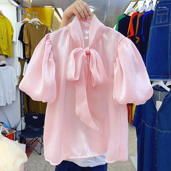 Blusas de Mujer temperamento camisa de manga de burbuja lazo francés encaje diseño brillante Blusas Mujer blusa rosa camisas trabajo gasa
