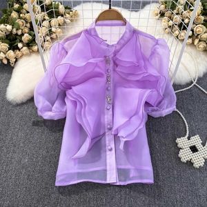 Chemisiers pour femmes Temperament Fashion Summer Women's Layered Ruffles Organza Shirt Tops Puff Short Sleeve Single-Breasted Purple Chiffon