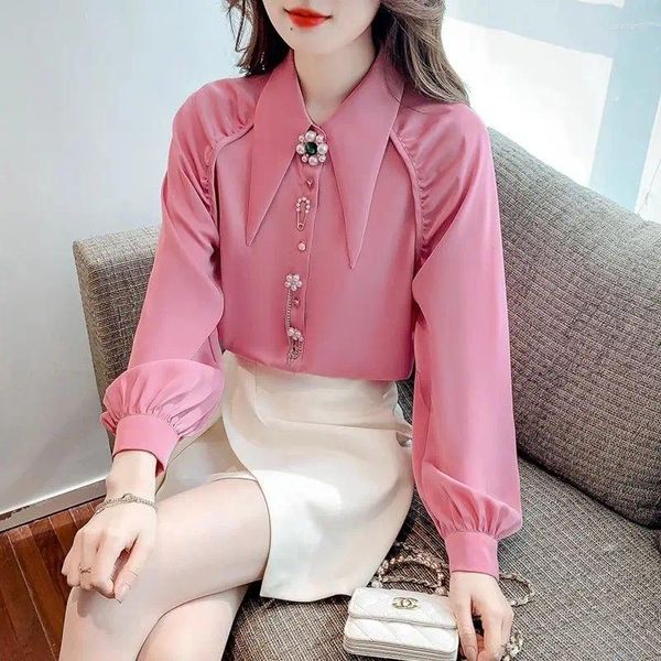 Blusas de mujer Temperamento Cuello puntiagudo Manga larga Gasa Camisa con botones Mujer Primavera Otoño Tops de moda con cuentas Coreano Lindo Púrpura Rosa