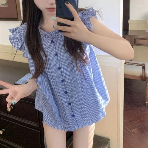 BLOSAS DE MUJER TEMPERAMENTO MUJER SUMMER RETRO CHIC CHICLE MANELORES Top Sweet Flying Smanges Blue Plaid Coid Blusas Femininas Crop