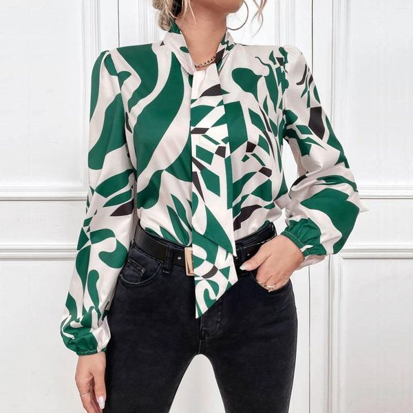 Blusas de mujer temperamento camisa de mujer cuello en V estampado Sexy atado frente elegante botón abajo blusa de mujer de desplazamiento 2024 otoño