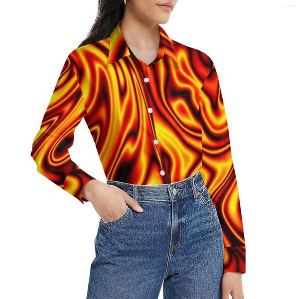 Blusas de mujer Blusa delgada de línea negra Estampado de bola de fuego Patrón moderno Ropa de calle para mujer Camisas Primavera Manga larga Top de gran tamaño