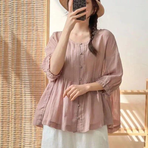 Blouses pour femmes Chemisier en lin mince Haut pour femme Vintage Printemps Eté Solide Chemise mignonne Bureau élégant Lâche Rose Blanc Blusas De Mujer