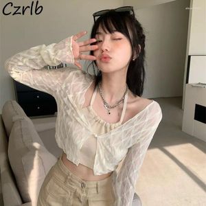 Blouses de femmes mince chemise Femme Spring Summer Single Bouton V-Neck Mesh Sexy American Style Sweet All-Match Ourwear Slim Cozy Chic