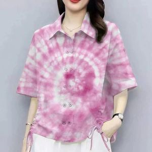 Blouses pour femmes Tie Dye Print Adpel Shirt Summer Summer Casual Top Sleeve Double Breasted Side TrawString Design lâche extensible