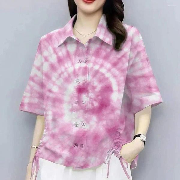 Blouses pour femmes Tie Dye Print Adpel Shirt Summer Summer Casual Top Sleeve Double Breasted Side TrawString Design lâche extensible