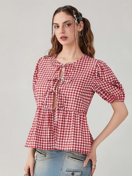 Blans pour femmes Tie à cravate avant pour femmes Plaid Imprimé péplum babydoll top à manches bouffantes Coquette mignon Summer sorti