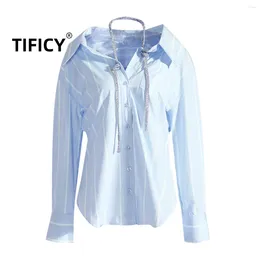 Blouses voor dames Tify Fashion Losse middele lengte gestreepte gestreepte lange mouw shirt Hooggraden hangende nek diamanten ketting